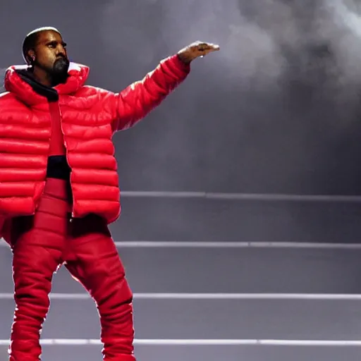 Image similar to kanye west wearing a red puffer jacket and red pants, standing in a stadium