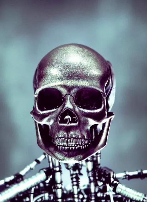 Image similar to 2 8 mm macro photo of metal skull with neon tubes half covered face with cybernetic enhancements as seen from a distance, scifi character portrait by greg rutkowski, canon 5 0 mm, film, photography, esuthio, craig mullins, 1 / 4 headshot, cinematic lighting, dystopian scifi gear, gloomy, profile picture, mechanical, half robot, implants, solarpunk