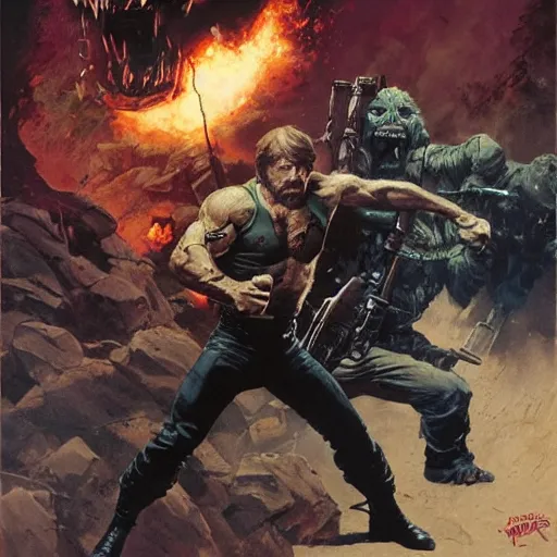 Image similar to cinematic action shot freeze frame portrait of Chuck Norris using another Chuck Norris as a weapon to fight evil by greg rutkowski and frank frazetta and peter mohrbacher and marc silvestri