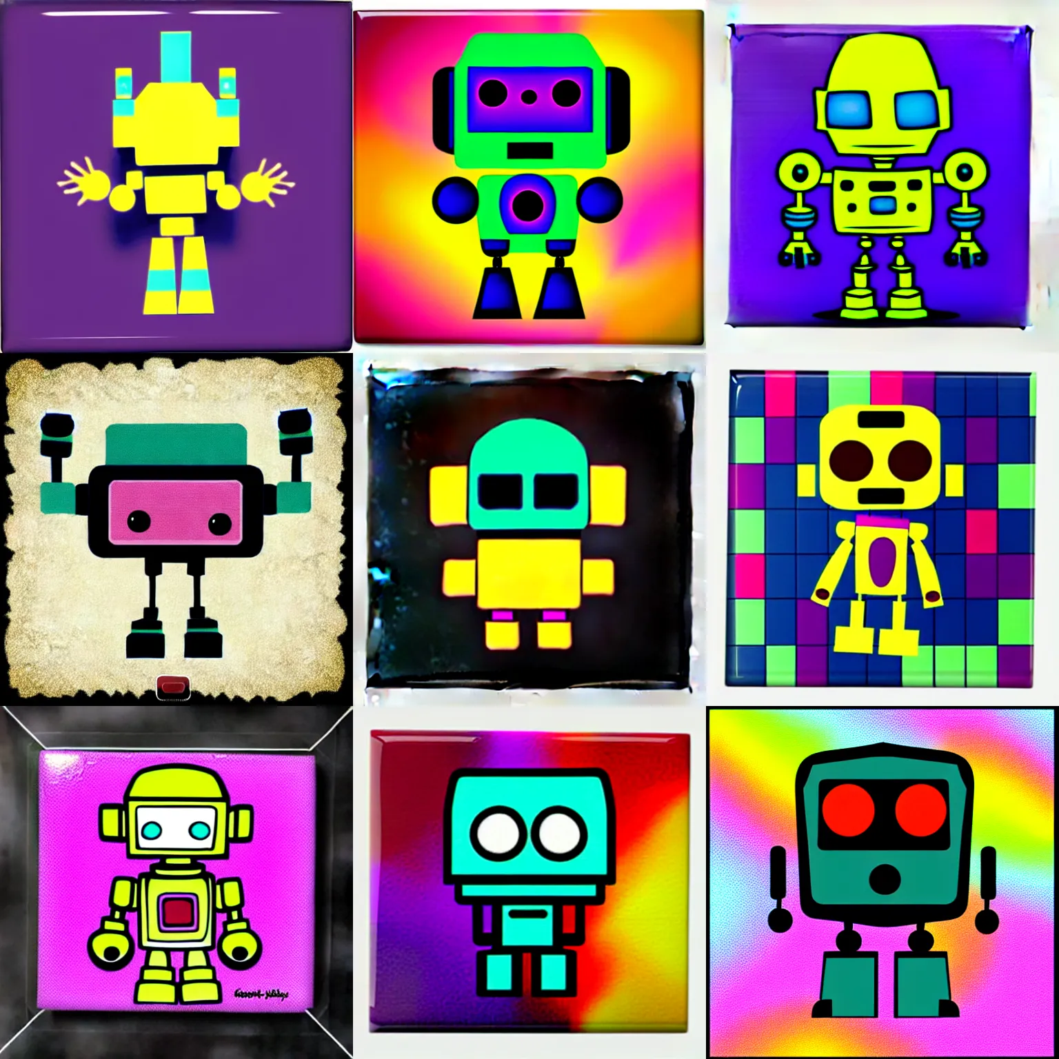 Prompt: Chibi Cute Macabre Robot as a colorful fancy square tile