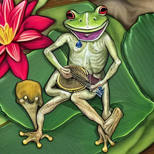 Image similar to humanoid frog sitting cross legged on a lilly pad playing a banjo and smoking a mushroom
