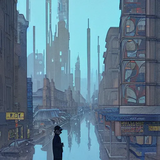 Prompt: a man full body standing next to a huge car in city, people walking in the distance, reflections on wet streets, dieselpunk style, steampunk, art by jean giraud and moebius ; architecture by francois schuiten, beautiful illustration, drawing, painting, clean lines, digital art, symmetric, colorful retrofutur, artstation