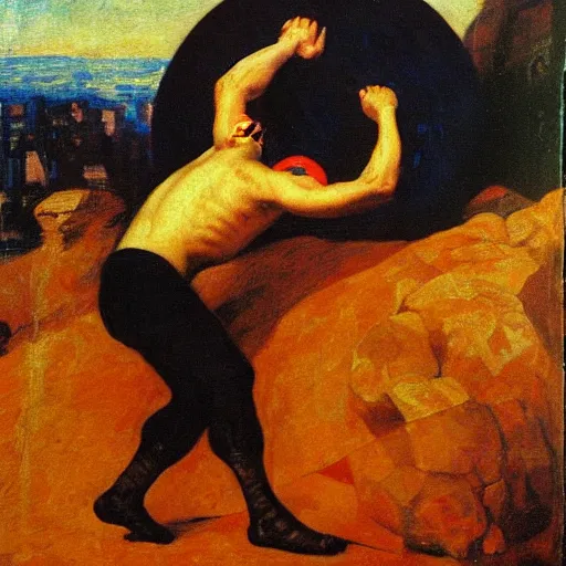 Image similar to a painting of benjamin netanyahu as sisyphus, by franz stuck