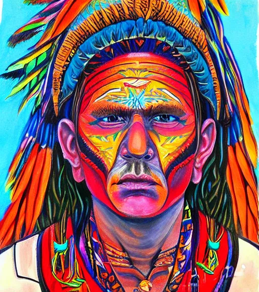 Image similar to Portrait painting in a style of Alex Grey of a shaman dressed in a colorful traditional clothes.