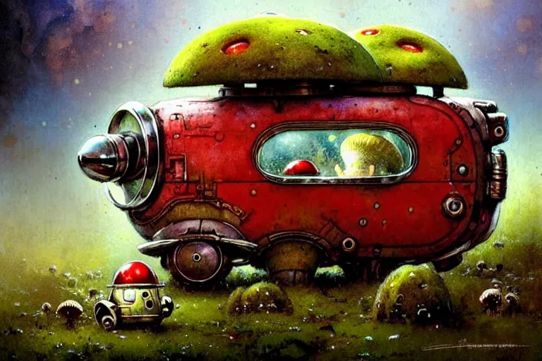 Image similar to adventurer ( ( ( ( ( 1 9 5 0 s retro future robot android mouse wagon. muted colors. background of mushrooms and moss ) ) ) ) ) by jean baptiste monge!!!!!!!!!!!!!!!!!!!!!!!!! chrome red