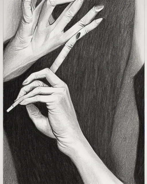 Image similar to drawing lesson, acurate, real, one elegant female hand, holding a cigarette with her fingers,highly detailed, elegant up to the elbow, only five fingers, separated, elegant, neat nails, fotorealism, advertisement for a crossover salon, style by Maurits Cornelis Escher, 8k,