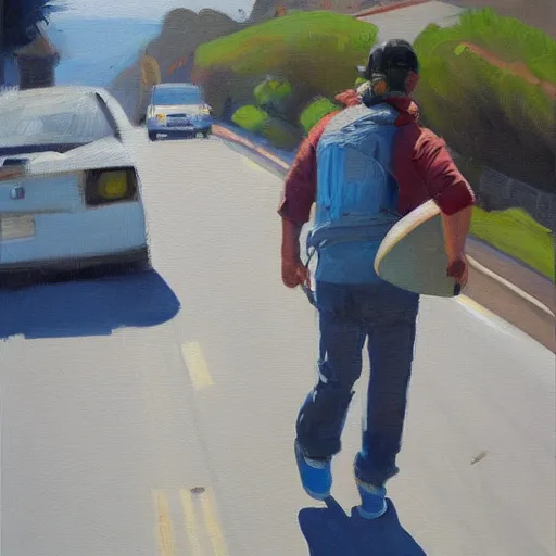 Image similar to a young man riding a longboard down steep street in san Francisco, oil painting