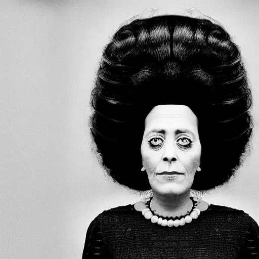 Image similar to symmetrical human portrait of marge simpson with beehive hairdo, grainy high contrast black and white photography photo print ilford warm tone