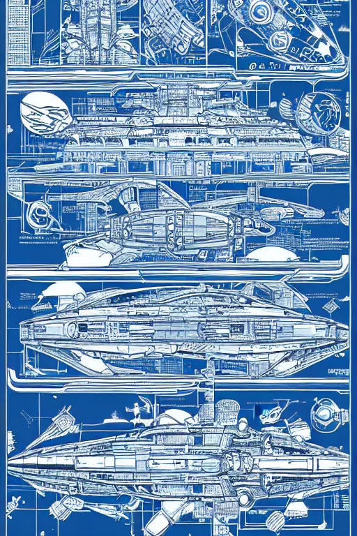 Prompt: intricately detailed blueprint of a cruiser class spaceship by Jen Bartel and Dan Mumford and Satoshi Kon