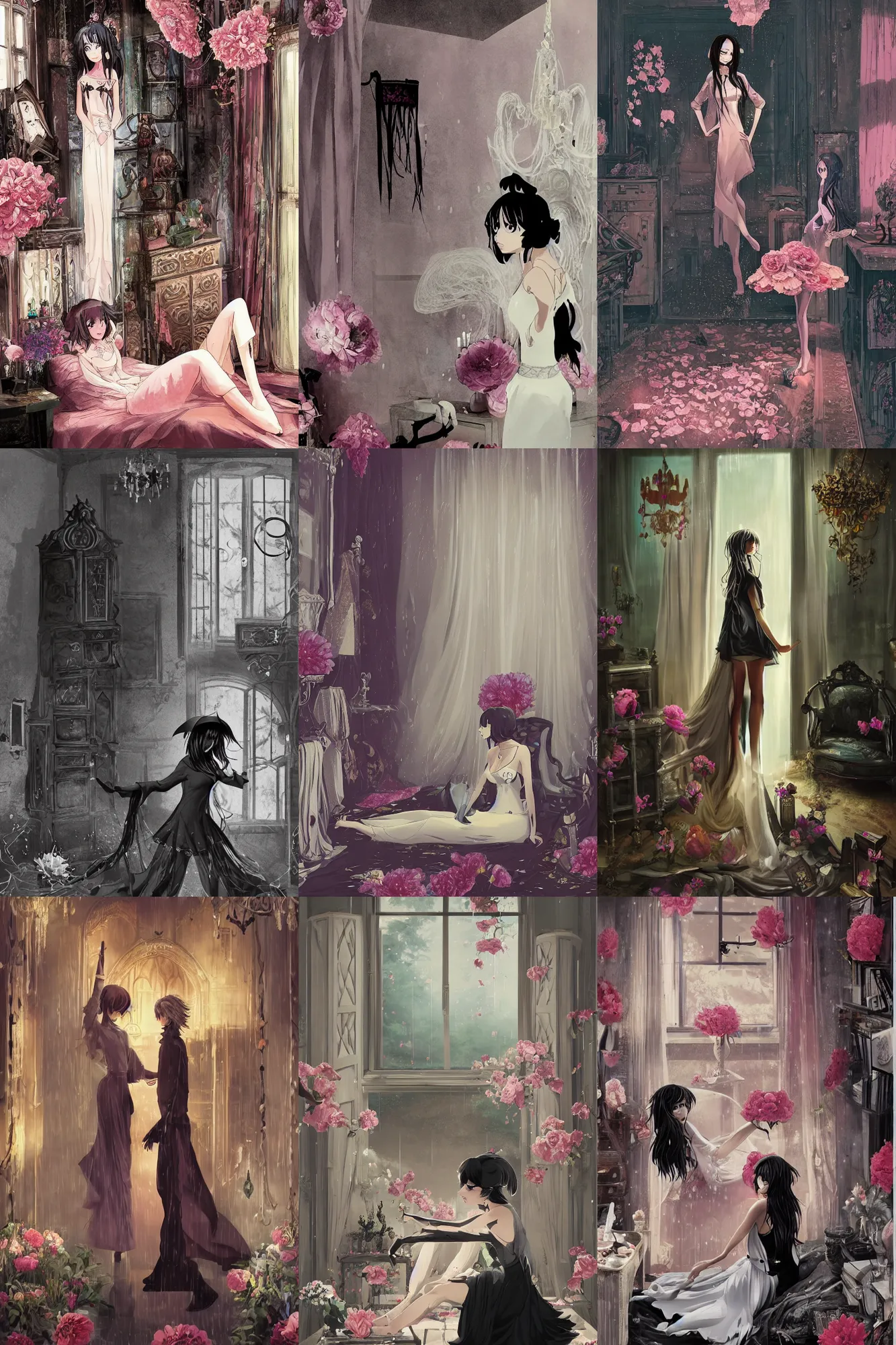 Prompt: room of the nameless painter, luxury castle, a cinematic boy girl traditional romance solving mysteries moment wearing boho clothing and peonies, black silhouette against the background, bestselling movie art poster, official media, 1970s fashion, official anime media, elegant decollete, sculpture, fog and rain, dynamic pose, nature, illustration, incredible art by artgerm and greg rutkowski and doja cat