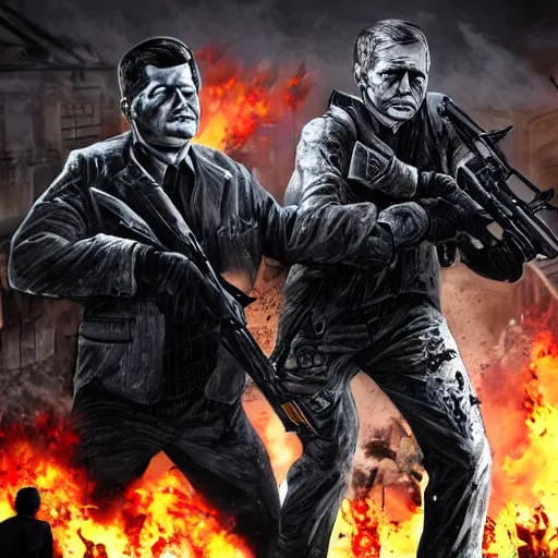 Image similar to John F Kennedy and Vladimir Putin back to back in black ops two zombies fending off a horde of zombies aesthetic intricate high detail 8K with lots of fire and dim light