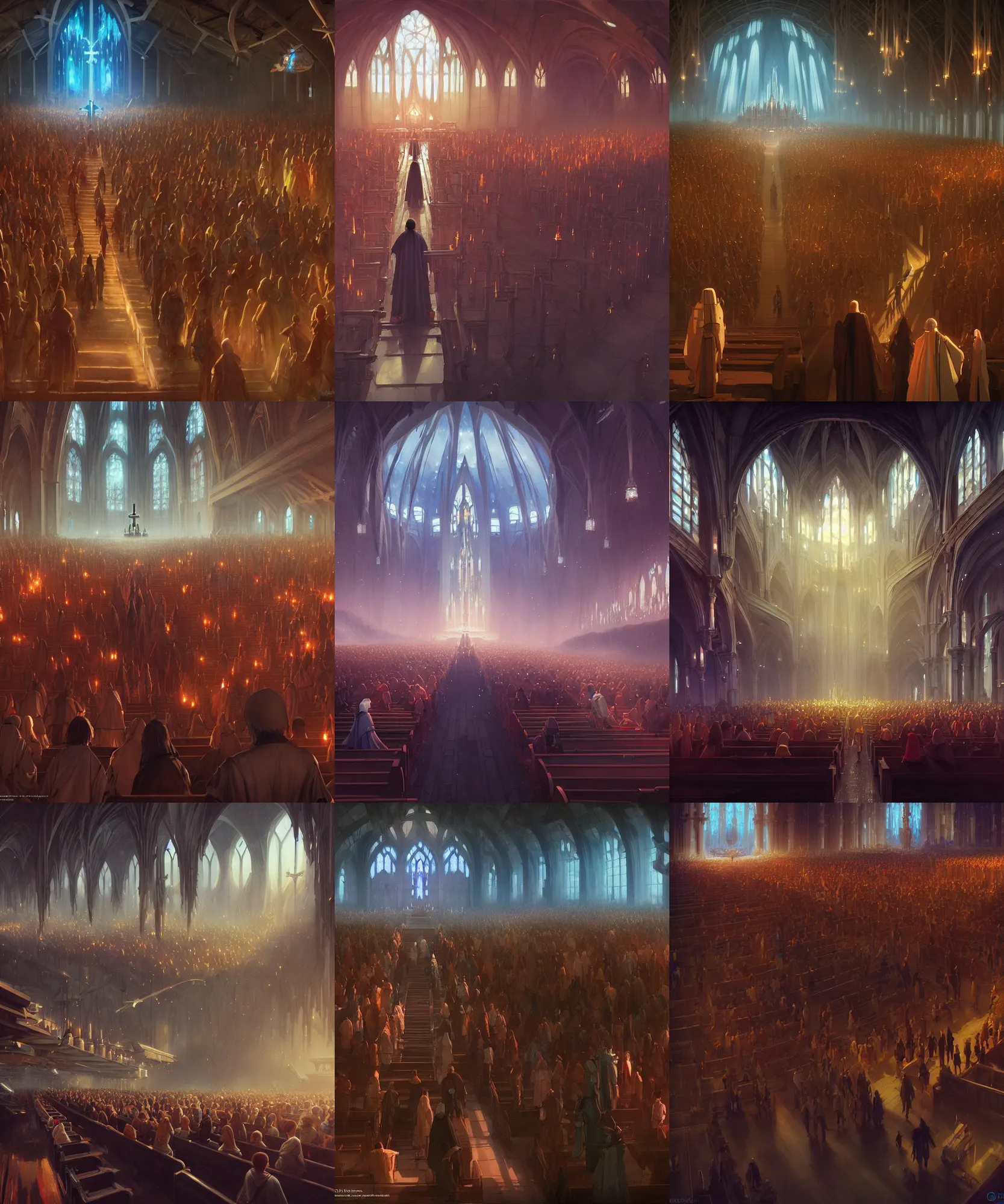 Prompt: fantasy movie scene greg rutkowski and ghibli and james gurney digital painting of a crowd in a futuristic church, strong contrast, priest, pews, ethereal, inviting, bright, raking light, unreal engine, hyper realism, realistic shading, cinematic composition, blender render, octane render, hdr, detailed textures, photorealistic, wide shot