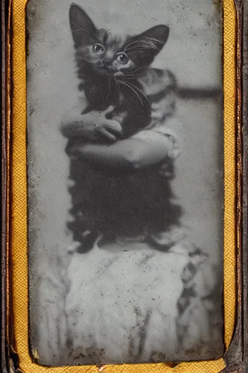 Image similar to faded daguerreotype portrait of disturbing haunted demonic abomination holding cute kitten