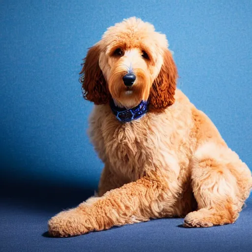 Image similar to studio photograph of a Goldendoodle dog with curly fur, sitting on a white sofa in a room with bright blue walls, f1.8 aperture, 4K HDR award winning photo