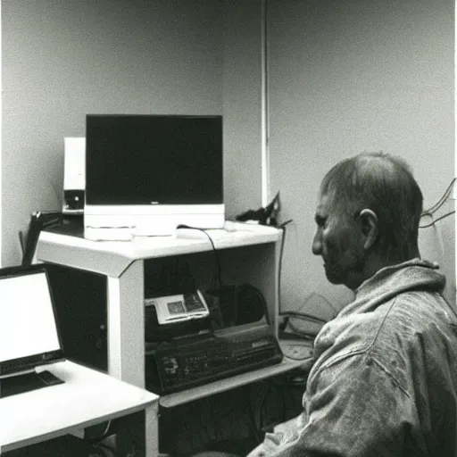 Prompt: “A room full of video equipment, wires, screens and audio meters. Man sitting in front of computer. Explosion coming out from the computer screen. in the style of Zdzisław Beksiński”