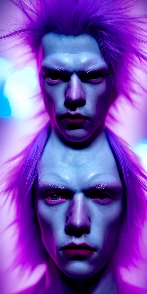 Image similar to hyperrealistic close-up of beautiful albino man with purple hair and pearlescent blue skin james paick machiej kuciara dramatic neon lighting on one side wide angle 35mm shallow depth of field