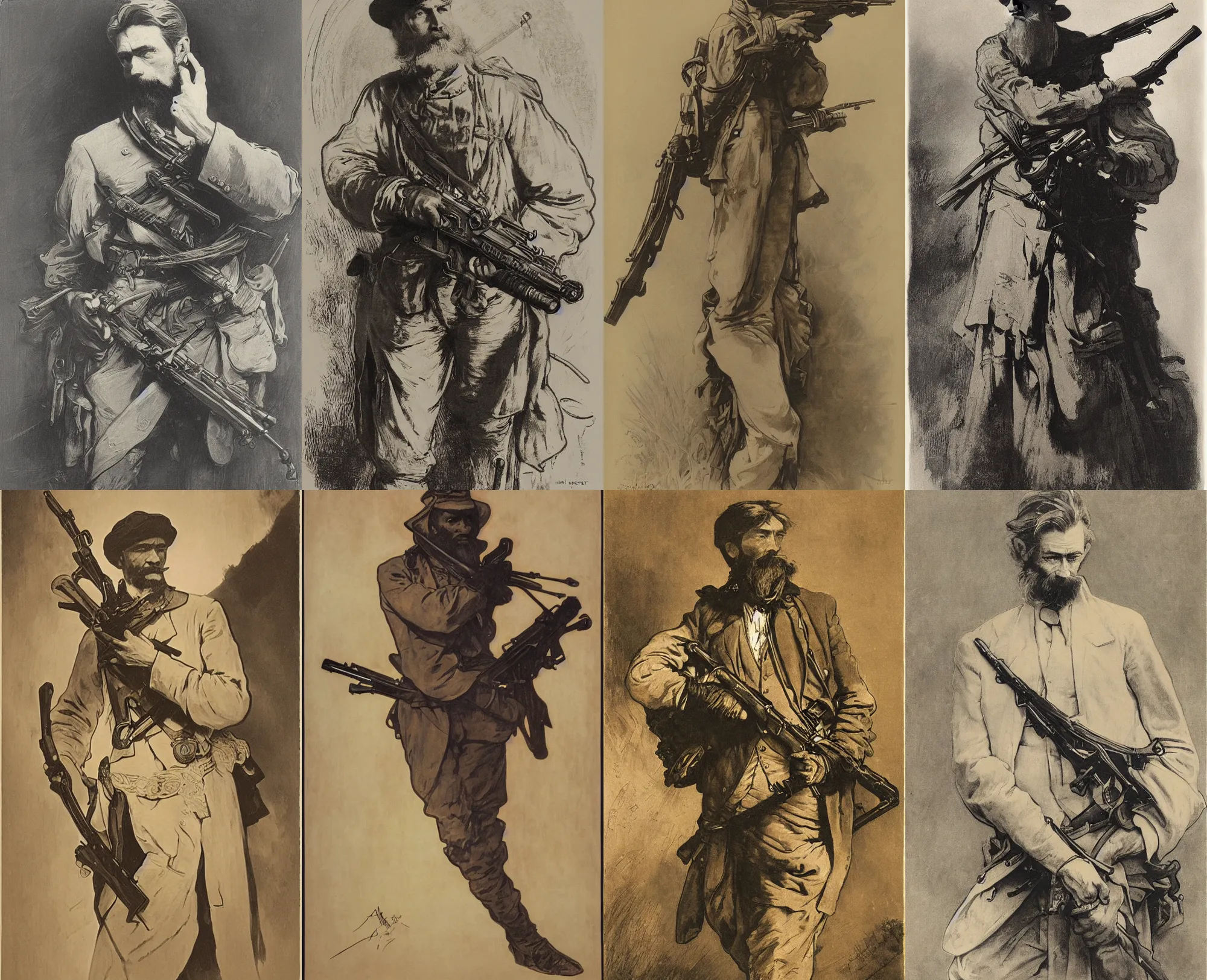 Prompt: beautiful portrait of John Brown wielding a rifle, by Alphonse Mucha and Amano and David Lozeau, rembrandt lighting, wispy, lithograph