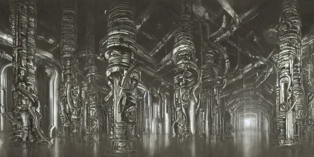 Prompt: the depths of a matrioshka world, large pillars holding up an artificial ceiling, giger inspired architecture, rigid artificial brutalism, misty environment, ominous white diffuse orbs of light, alan bean influences