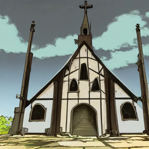 Image similar to a burnt out church, cel shaded, studio ghibli