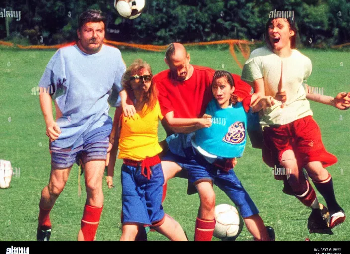 Prompt: Funny TV show in 90s. Color VHS footage. people playing soccer.