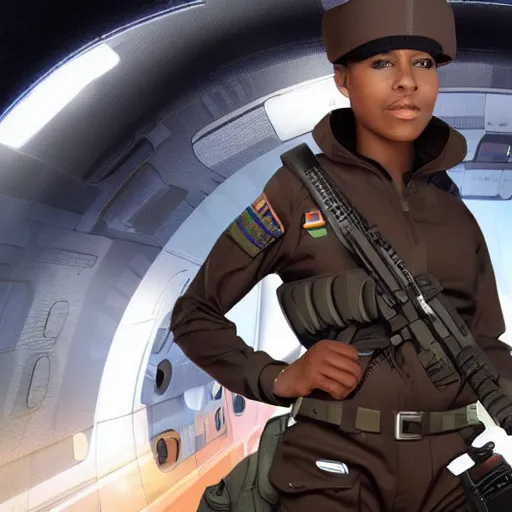 Image similar to a futuristic female soldier with brown skin and short hair in a spaceship