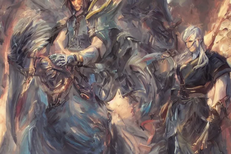 Image similar to dungeons and dragons fantasy painting of elven soldiers, white hair, determined expressions, anime inspired