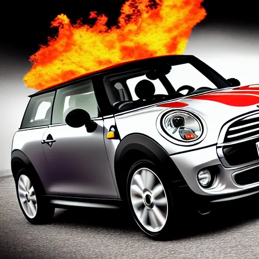 Image similar to a mini cooper ramping over a flaming bridge, digital art