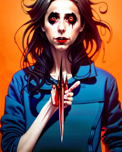 Image similar to loish, artgerm, Joshua Middleton art, Rafeal Albuquerque, pretty Alison Brie serial killer holding bloody knife in right hand realistic hand, blood on clothes and face, sarcastic smile, symmetrical eyes, symmetrical face, jean jacket, jeans, short blonde hair, middle shot, night time, deep blacks