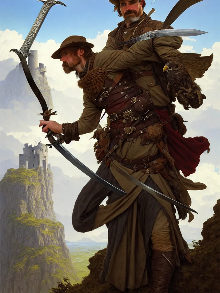 Image similar to middle age ranger with rugged expresions falcon pet on his sholder holding a long sword, top a cliff observing old ruins of a castle, elegant clothing, photorealistic render, matte patining, highly detailed, artstation, smooth, sharp focus, art by michael whelan, artgerm, greg rutkowski and alphonse mucha