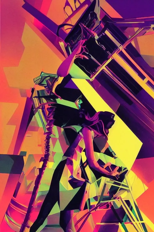 Prompt: wideangle action, portrait of a crazy cellist girl, shockwave, decoherence, synthwave, glitch!!, fracture, vortex, realistic, hyperdetailed, concept art, golden hour, art by syd mead, cubism
