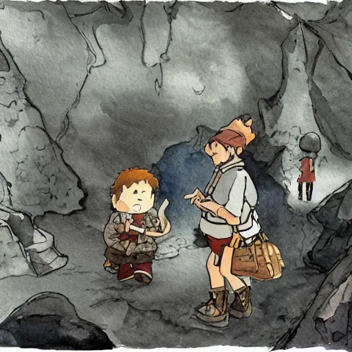 Image similar to dwarf mining for gold in a sparkling dark cave, from studio ghibli, watercolor illustration for a book, proportions, legs of the hand