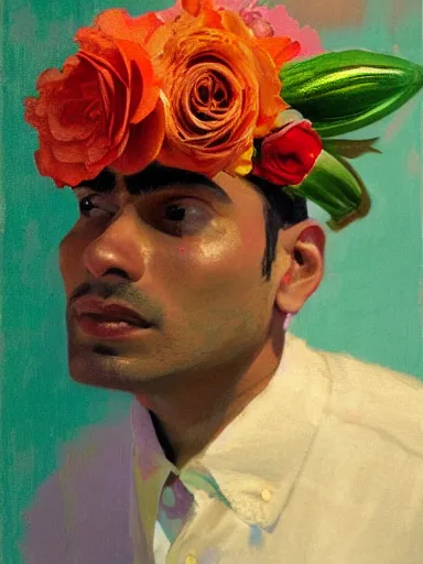 Image similar to artwork by saul leiter, of a solo individual portrait of an indian guy with lilies and roses, dapper, simple illustration, domestic, nostalgic, full of details, matte painting, trending on artstation and unreal engine