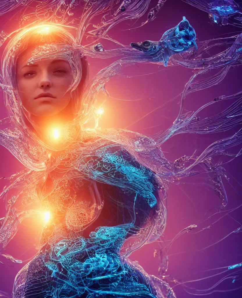 Image similar to close-up macro portrait of the face of a beautiful princess, epic angle and pose, symmetrical artwork, 3d with depth of field, blurred background, cybernetic jellyfish female face skull phoenix bird, translucent, nautilus, energy flows of water and fire. a highly detailed epic cinematic concept art CG render. made in Maya, Blender and Photoshop, octane render, excellent composition, cinematic dystopian brutalist atmosphere, dynamic dramatic cinematic lighting, aesthetic, very inspirational, arthouse. y Greg Rutkowski, Ilya Kuvshinov, WLOP, Stanley Artgerm Lau, Ruan Jia and Fenghua Zhong