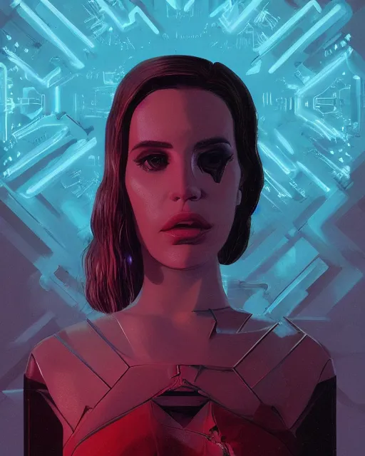 Image similar to portrait of Lana Del Rey as a cyborg. intricate abstract. intricate artwork. by Tooth Wu, wlop, beeple, dan mumford. mulholland drive by david lynch, dune by david lynch, octane render, trending on artstation, greg rutkowski, charlie bowater. very coherent symmetrical artwork. cinematic, hyper realism, high detail, octane render, 8k, iridescent accents