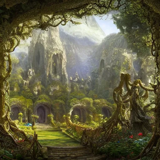 Image similar to a beautiful and highly detailed matte painting of an elven garden palace in a breath taking forest in a deep valley in the beautiful mountains of avalon, celtic knots, detailed woody trees, intricate details, epic scale, insanely complex, 8 k, sharp focus, hyperrealism, very realistic, by caspar friedrich, albert bierstadt, james gurney, brian froud,