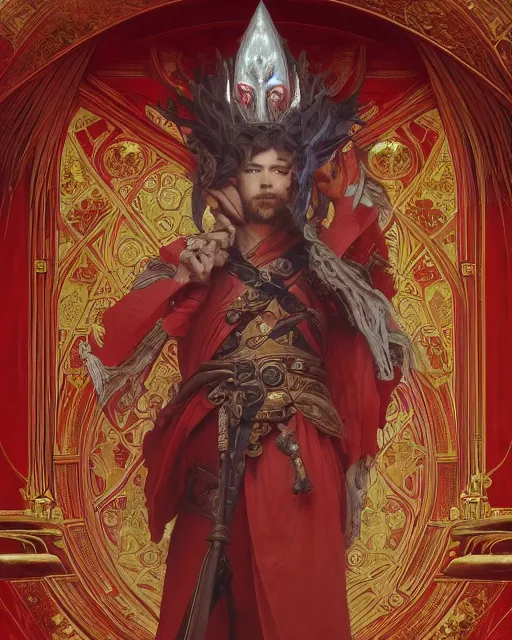 Image similar to A Full View of a Red Wizard wearing a robe and ornate armor. masterpiece 4k digital illustration by Ruan Jia and Mandy Jurgens and Artgerm and greg rutkowski and Alexander Tsaruk and WLOP and william-adolphe bouguereau, award winning, Artstation, art nouveau aesthetic, Alphonse Mucha background, intricate details, realistic, panoramic view, Hyperdetailed, 8k resolution, intricate art nouveau