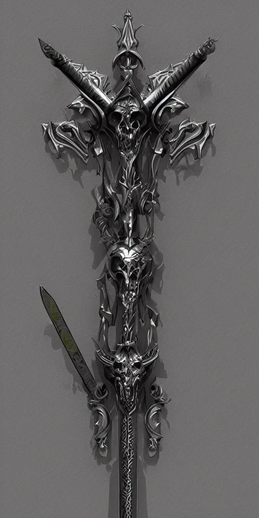 Prompt: a black and silver stylized sword skull crest, ornament, weapon, a 3 d render by dom qwek, front side, concept art, trending on polycount, artstation, hard surface modeling, rendered in maya, zbrush, hd, blizzard, symmetry