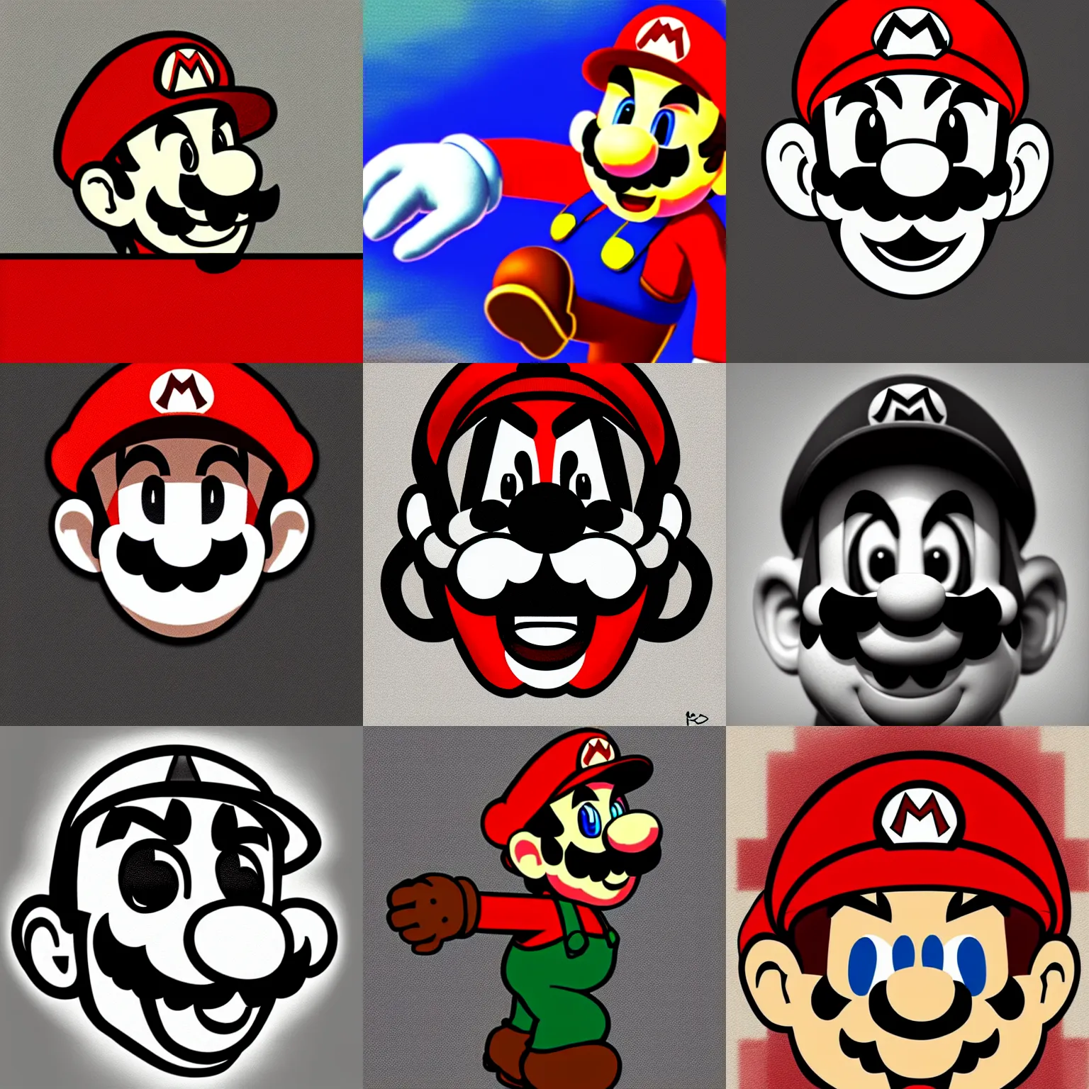 Image similar to videogame fanart of super mario facing camera, expression of malice and anger, low emotion, focused gaze, faded and limited color palette, red selective coloring + monochrome, striking artstyle with sharp shadows, digital art