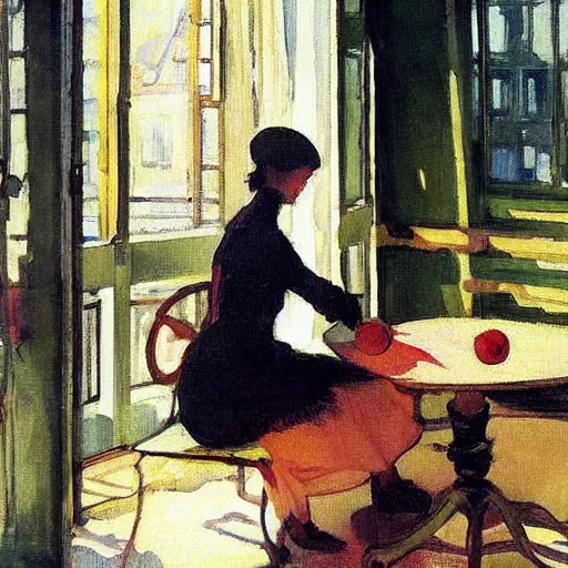 Prompt: a girl with iphones on a table sits at a table in a sunny room, the window is open, girl with peaches, by valentin serov