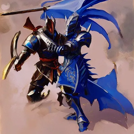 Image similar to dragon fight vs knight in a car, knight in blue armor and wields a gold sword, greg manchess