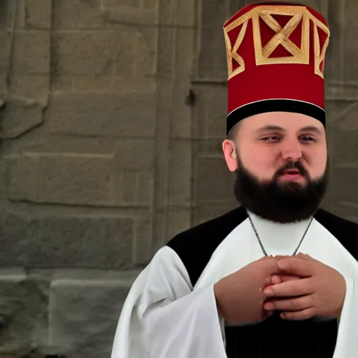 Image similar to orthodox patriarkh is wearing tall burger hat, real TV footage,