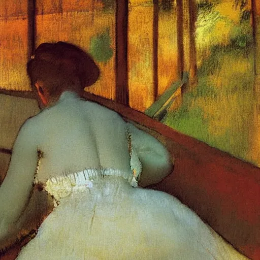 Image similar to backside of a woman lying on a veranda painting by degas