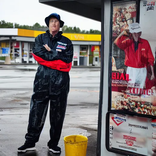 Image similar to cinematic shot of Donald Trump wearing a bucket hat and a rain jacket and shorts holding a can of Arizona Tea and standing outside of a gas station, 8k, very intricate, very detailed,