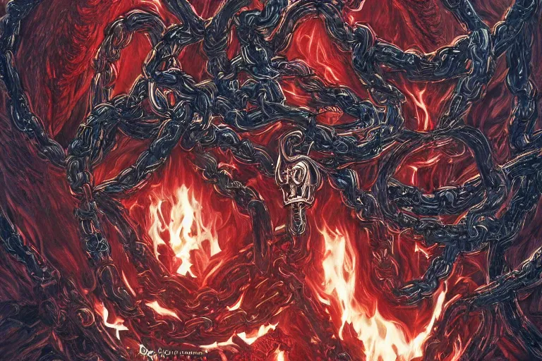 Image similar to lucifer, dark angel, demon, satan, red eyes, chain, handcuffs, large chain, wide open mouth, scream, cruelty, light effect, hyper detailed, intricate, elegant, highly detailed, digital painting, artstation, concept art, matte, sharp focus, illustration, by dan mumford, yusuke murata, makoto shinkai, ross tran