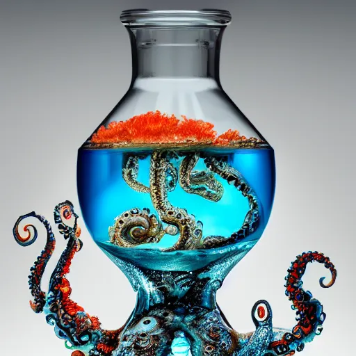 Prompt: a clear teapot with an ocean inside with octopus, sea monsters, fish, coral, and seaweed, highly detailed, 8 k, trending on artstation, award - winning art,