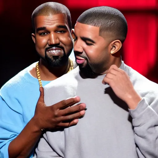 Prompt: kanye west giving drake a slow motion head - rub