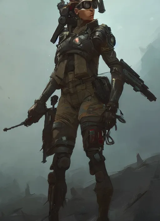 Prompt: of a beautiful sniper girl in war, with futuristic gear and helmet, portrait, in the style of greg rutkowski, artstation, high quality art