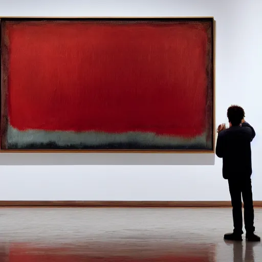 Image similar to man admiring a fake mark rothko painting hanging in a big art gallery