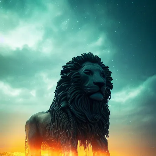 Prompt: beautiful dark beach landscape, giant highly detailed lion statue glowing eyes, beautiful dark outer space sky, in the style of beeple and Mike Winkelmann, intricate, epic lighting, cinematic composition, hyper realistic, 8k resolution,