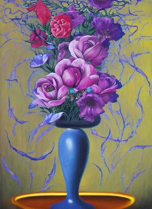 Prompt: a painting of a vase with flowers in it, a surrealist painting by Bridget Bate Tichenor, featured on deviantart, metaphysical painting, oil on canvas, acrylic art, airbrush art